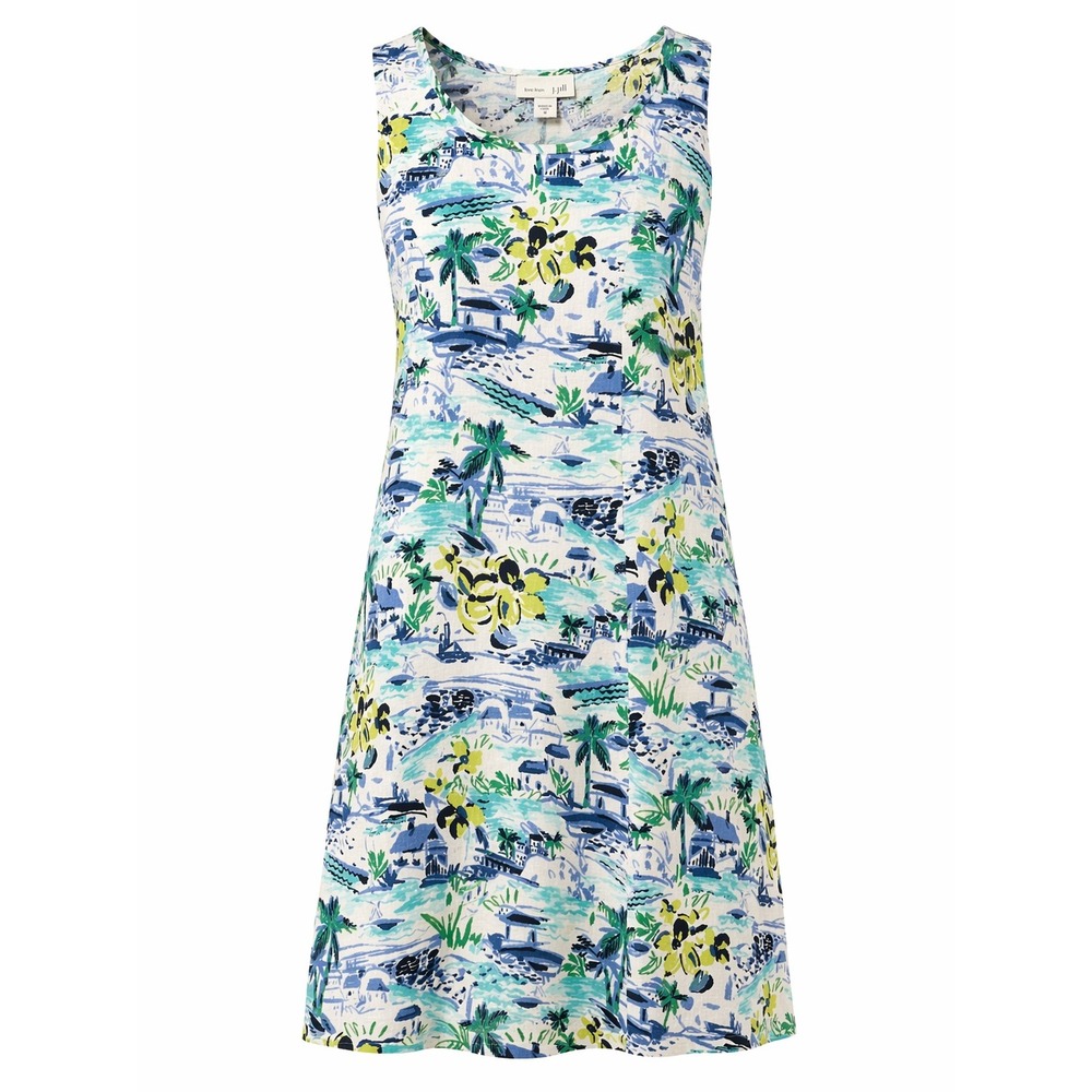 J Jill Love Linen Dress Womens M Sleeveless A Line Tropical Coastal Print